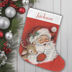 Vintage Retro Santa And Reindeer Personalised Large Christmas Stocking