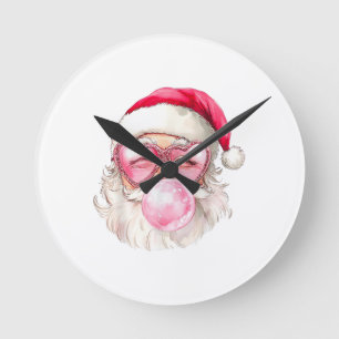 Vintage Retro Santa Christmas Bubble Gum Pink Sung Round Clock