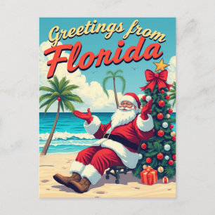Vintage Retro Santa Claus at the Beach - Florida  Holiday Postcard