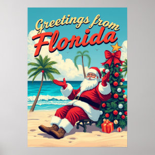 Vintage Retro Santa Claus at the Beach - Florida Poster
