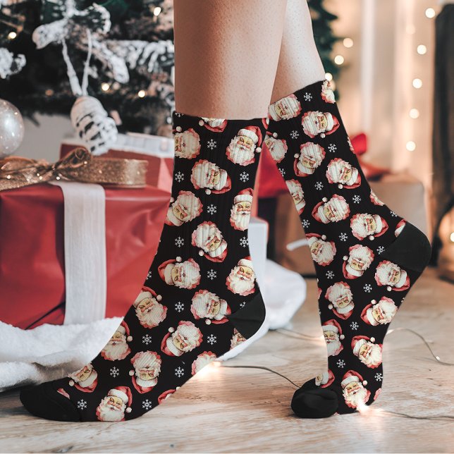 Vintage Retro Santa Claus Black Christmas Pattern Socks (Creator Uploaded)