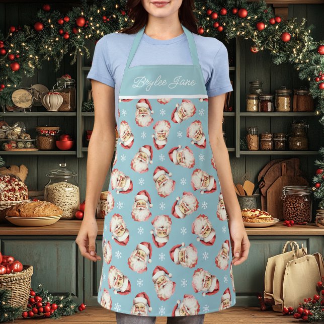 Vintage Retro Santa Claus Blue Personalised Apron (Creator Uploaded)