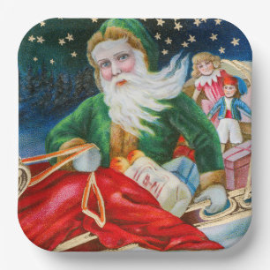 Vintage Retro Santa Claus Christmas Postcard Paper Plate