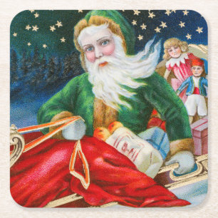 Vintage Retro Santa Claus Christmas Postcard Square Paper Coaster