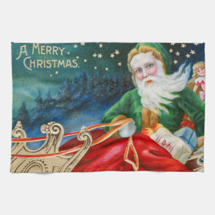Vintage Retro Santa Claus Christmas Postcard Tea Towel