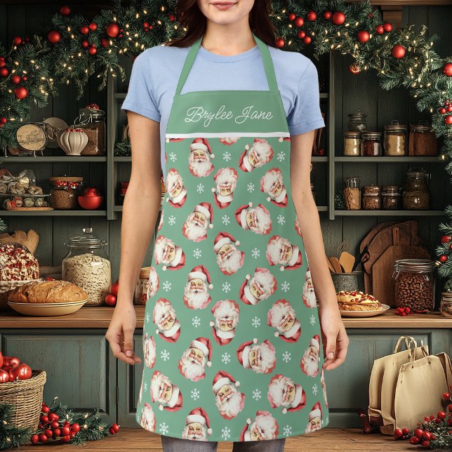 Vintage Retro Santa Claus Green Personalised Apron (Creator Uploaded)