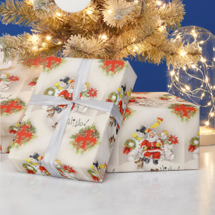 Vintage Retro Santa Claus Two Snowmen Cute Puppy  Wrapping Paper