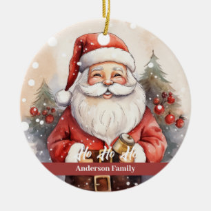 Vintage retro Santa Claus Watercolor Illustration Ceramic Tree Decoration