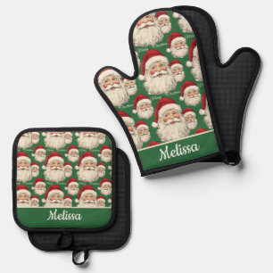 Vintage Retro Santa Face Green Oven Mitt & Pot Holder Set