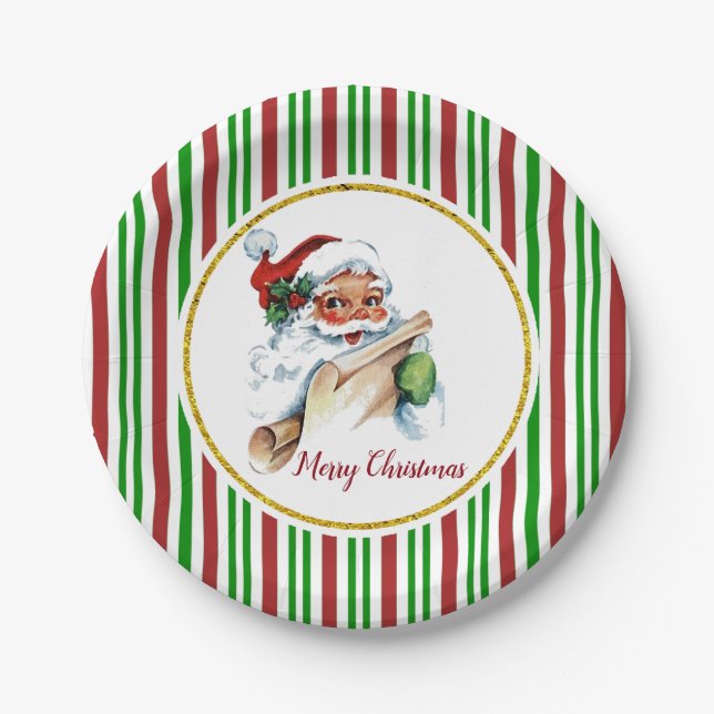 Vintage Retro Santa Merry Christmas Paper Plate (Front)