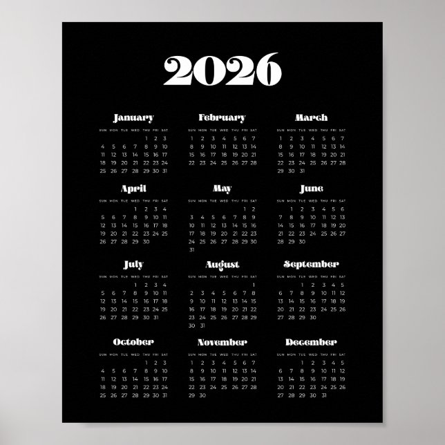 Vintage retro script 2026 Black Calendar Poster (Front)
