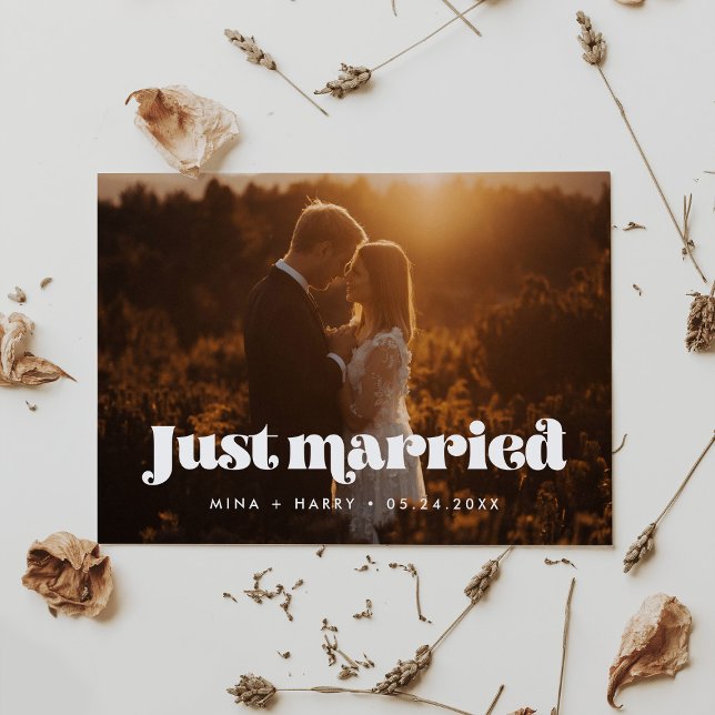 Vintage retro script Just married photo card (Creator Uploaded)