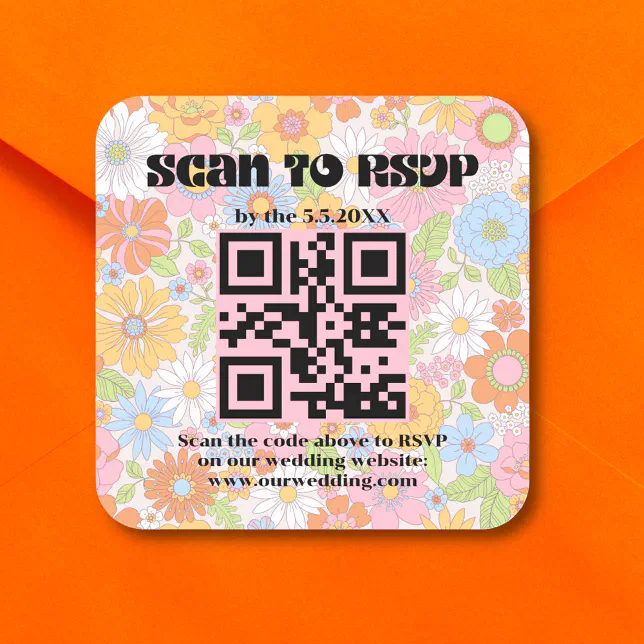 Retro Qr Code vintage retro script rsvp qr code wedding floral square sticker | Zazzle