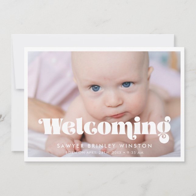 Vintage retro script Welcoming baby photo Announcement (Front)