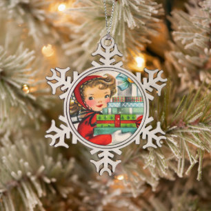 Vintage retro shopping girl snowflake ornament