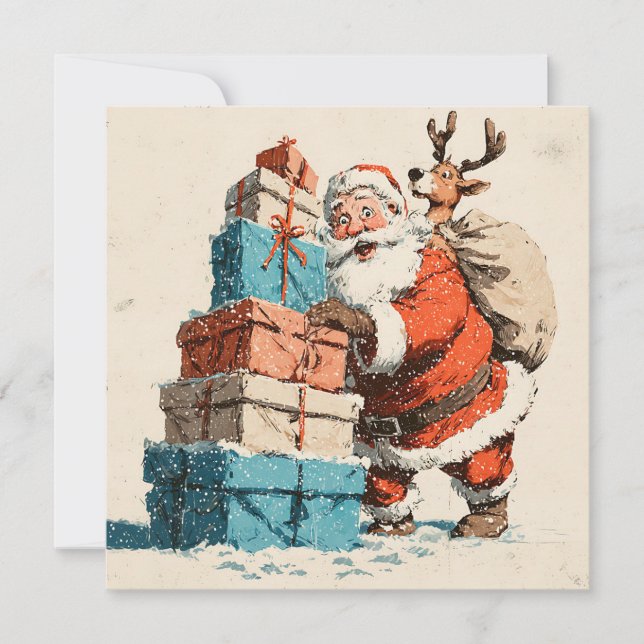 Vintage Retro Simple Reindeer Santa Claus Holiday Card (Front)