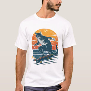 Vintage Retro Skater Cat on Skateboard Sunset Grap T-Shirt