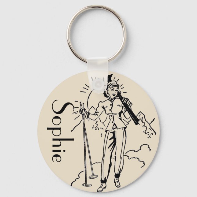 Vintage/Retro Ski Engraving Personnalised Keyring (Front)