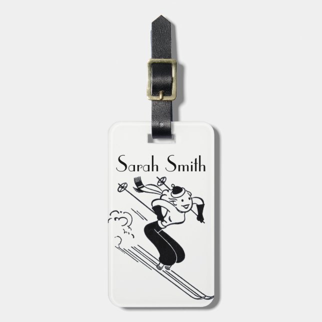 Vintage/Retro Ski Lady Personalised Luggage Tag (Front Vertical)