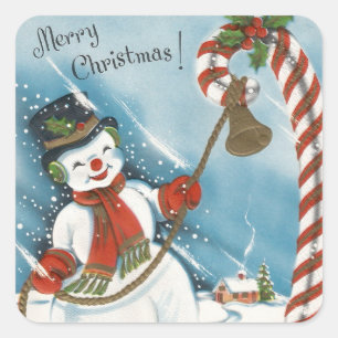 Vintage Retro Smiling Merry Christmas Snowman Square Sticker