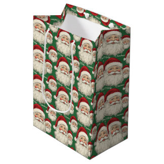 Vintage Retro Smiling Santa Face Green Medium Gift Bag