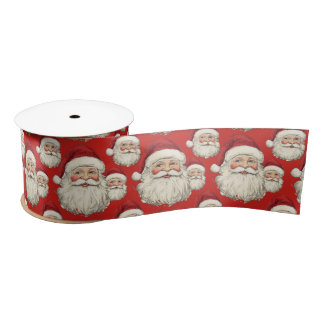 Vintage Retro Smiling Santa Face Red Satin Ribbon