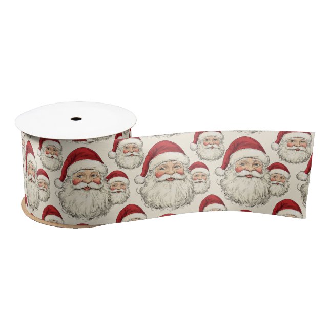 Vintage Retro Smiling Santa Face Satin Ribbon (Spool)