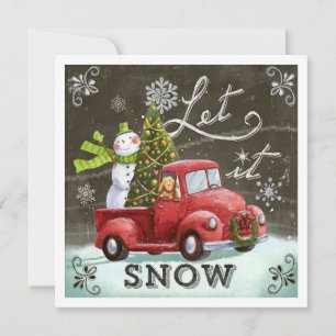 Vintage Retro Snowman and Dog In Truck Holiday Card