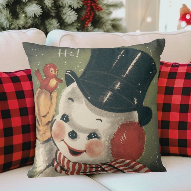 Vintage Retro Snowman Christmas Cushion (Vintage Retro Snowman Christmas Throw Pillow)