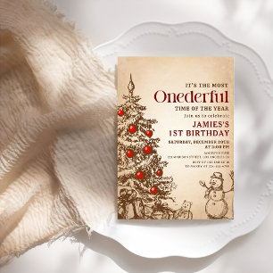 Vintage Retro Snowman Christmas Onederful Birthday Invitation