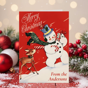Vintage Retro Snowman & Deer Custom Christmas Holiday Card