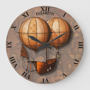 Vintage Retro Steampunk Air Balloon With Ship Large Clock