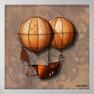 Vintage Retro Steampunk Air Balloon With Ship Poster
