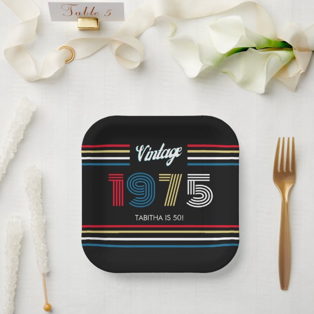 Vintage Retro Stripe 1975 Primary Colours Paper Plate (Wedding)