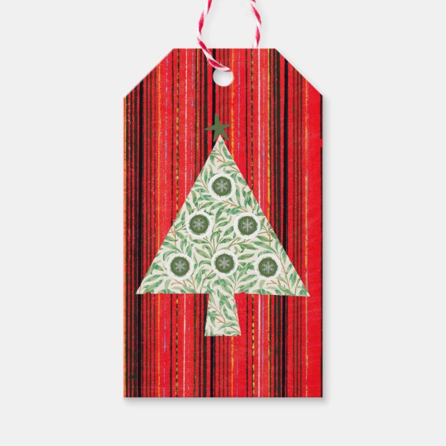 Vintage Retro Stripe Christmas Tree Gift Tag Green (Front)