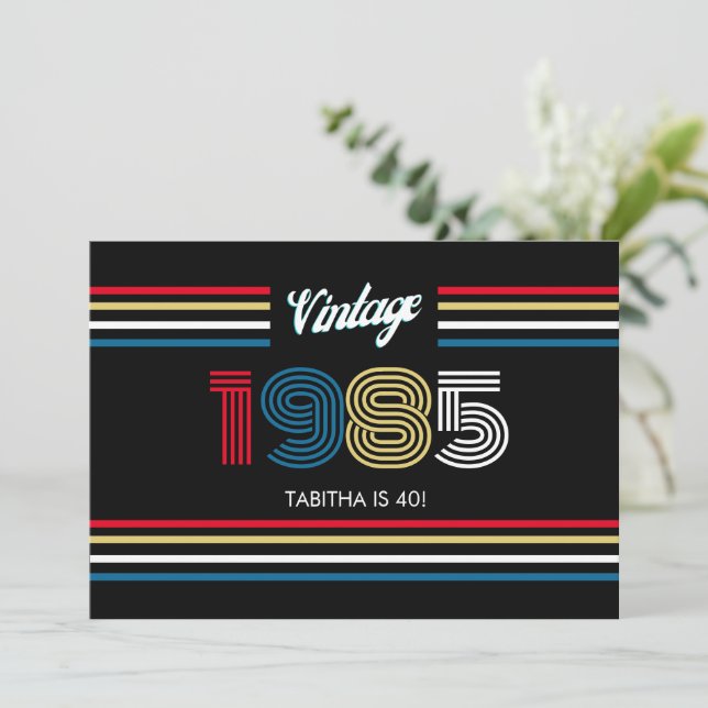 Vintage Retro Stripe Primary Colours 1985 Invitation (Standing Front)