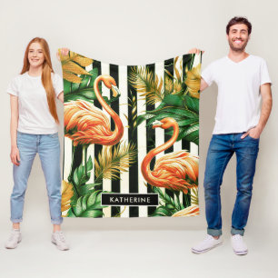 Vintage Retro Stripes Flamingo Fleece Blanket