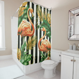 Vintage Retro Stripes Flamingo Shower Curtain