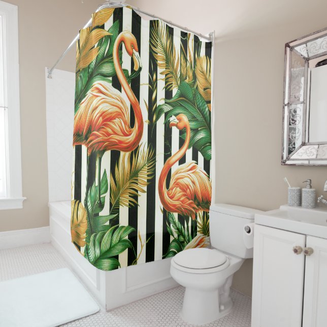 Vintage Retro Stripes Flamingo Shower Curtain (In Situ)