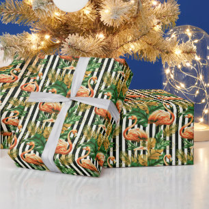 Vintage Retro Stripes Flamingo Wrapping Paper