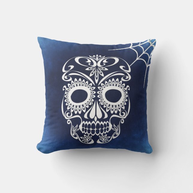 Vintage Retro Style Skull & Crossbones Cobweb Cushion (Front)