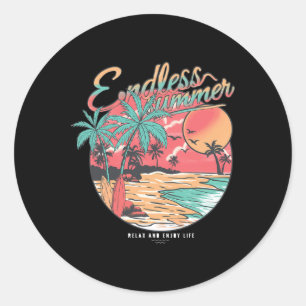 Vintage Retro Style Sunset Palm Tree Wave Surf Boa Classic Round Sticker