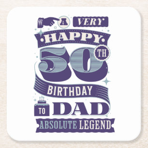 Vintage Retro Style Typography 50th Birthday Dad  Square Paper Coaster