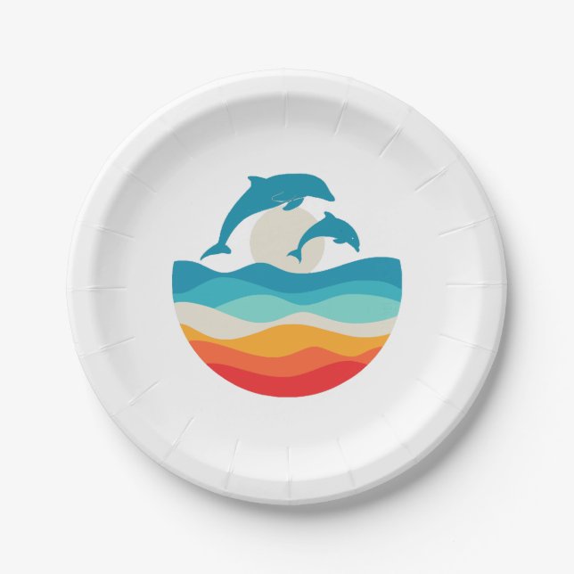 Vintage Retro Summer Time Beach Dolphin  Paper Plate (Front)