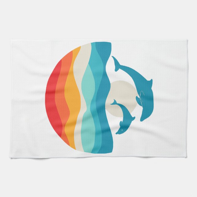 Vintage Retro Summer Time Beach Dolphin  Tea Towel (Horizontal)