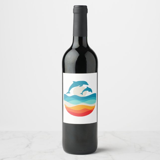 Vintage Retro Summer Time Beach Dolphin  Wine Label (Front)