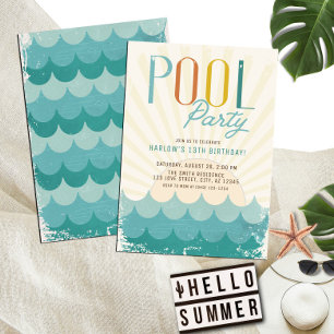 Vintage Retro Sun & Waves Pool Party Birthday Invitation