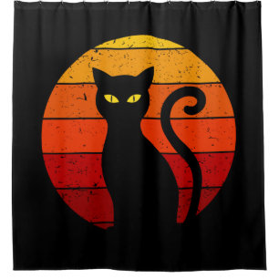 Vintage Retro Sunset Halloween Black Cat I Shower Curtain