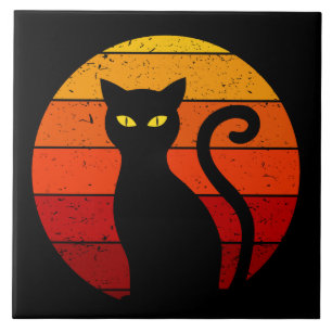 Vintage Retro Sunset Halloween Black Cat I Tile
