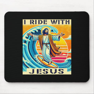 Vintage Retro Sunset I Ride With Jesus Surfing Jes Mouse Mat